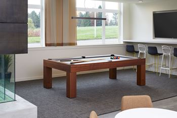 a games room with a pool table and a tv